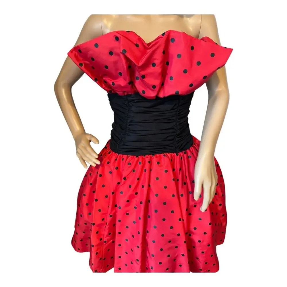1980s Vintage Red Black Polka Dot Strapless Party Dress XS
